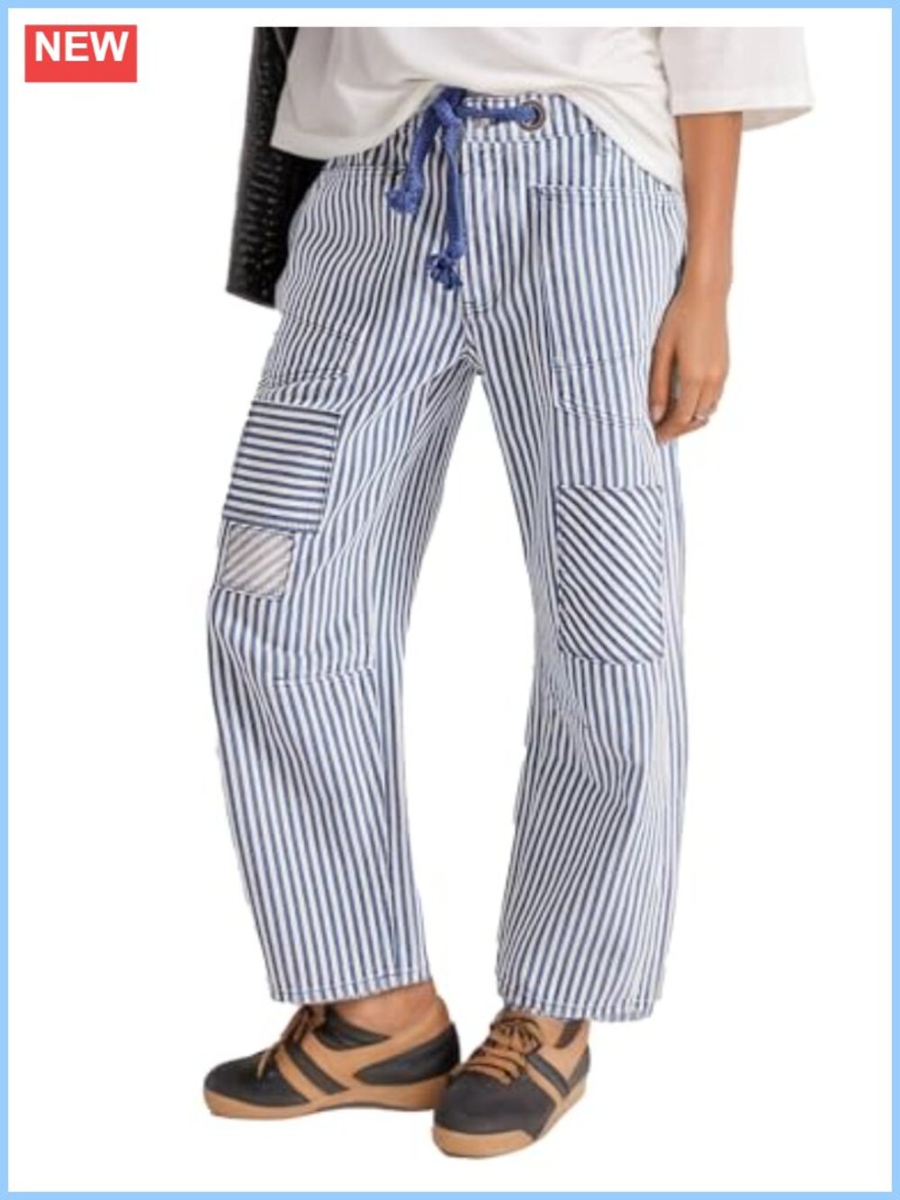 Womens Barrel Jeans Drawstring Patchwork Wide Leg Polyester Denim Pants